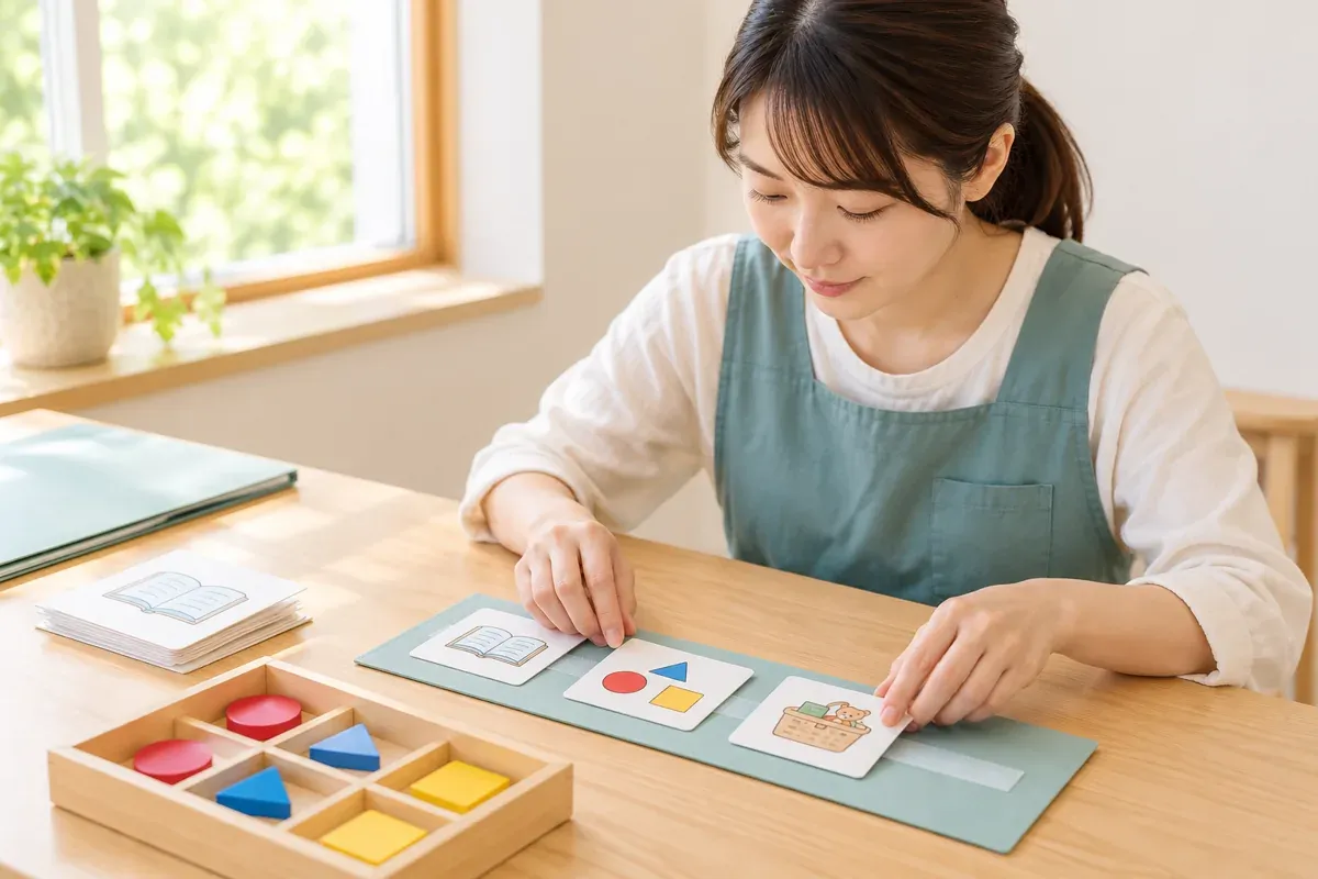 スタッフがお子さまに合わせた活動の順序や絵カードを準備するイメージ